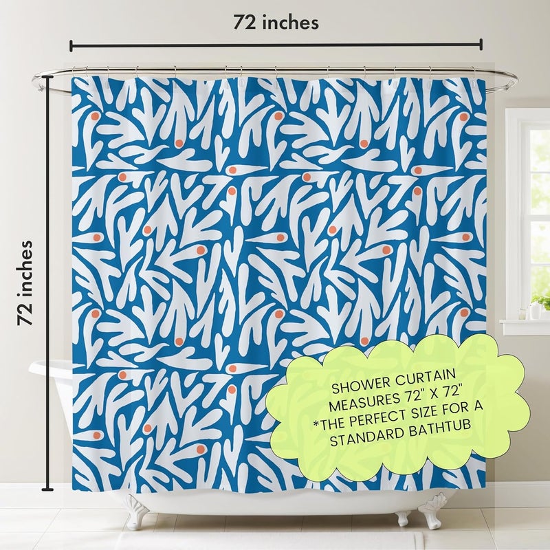 Worthwhile Goods Matisse Blue and White Boho Modern Fabric Shower Curtain, Abstract Floral Art Shower Curtain, 72x72 Inches (Matisse) - Image 3